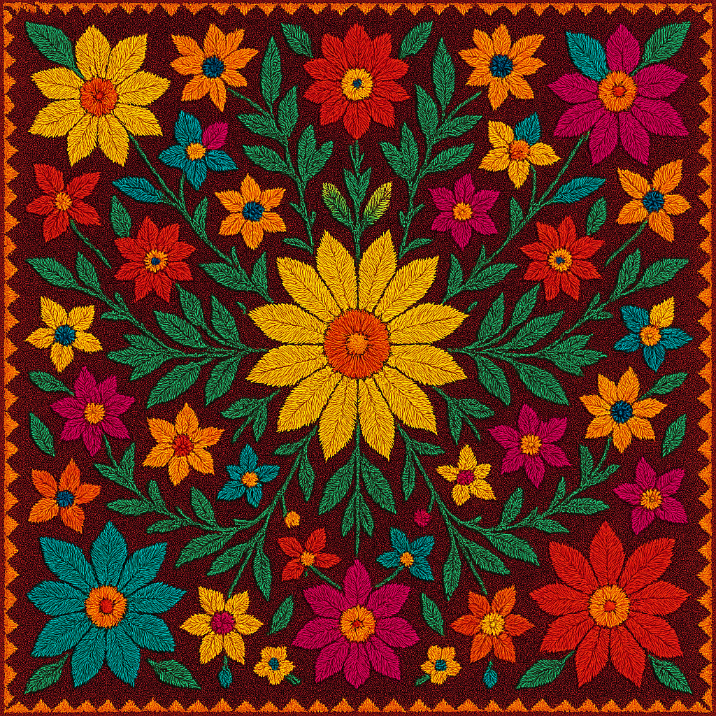 Traditional Punjabi phulkari embroidery symmetrical pattern